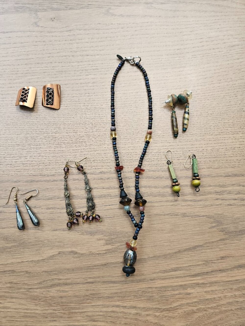Lot 6 Boho Artisan Jewelry Necklace Earrings Mixed Media Wood Stone Glass Beads